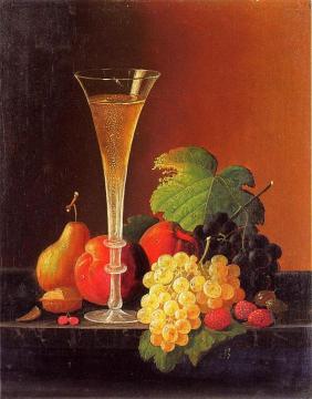 Fruit and a Glass of Champagne on a Tabletop Artwork by Severin Roesen