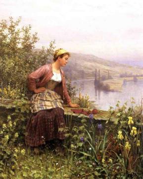 Brittany Girl Overlooking Stream Artwork by Daniel Ridgway Knight