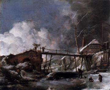 Winter Landscape with Wooden Bridge Artwork by Philips Wouwermans