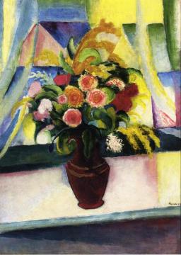 Still Life: Colourful Bunch Of Flowers In Front Of A Window Artwork by August Macke