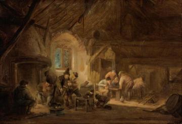 Rustic Interior with Peasants Drinking and Gaming Artwork by Isaac van Ostade