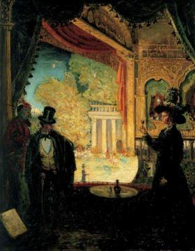 A Scene in a Theatre: A Performance Seen from a Box in Which Three Figures Are Standing Artwork by James Dickson Innes