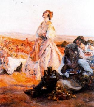 Vendimiadores y muchacha Artwork by Jose Mongrell Torrent