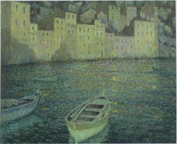 Houses by the Port in a full moon Artwork by Henri Le Sidaner