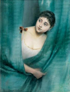 Young Woman Behind The Blue Curtain Artwork by Pierre Carrier-Belleuse