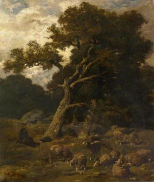 Shepherd and his Sheep in Fontaineblelau Forest Artwork by Charles-Émile Jacque