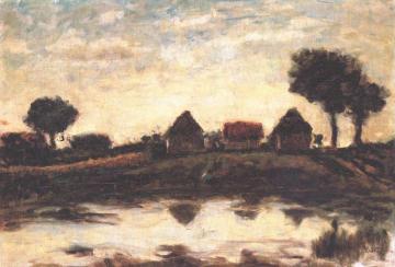 Farmhouse with Lake Artwork by Jozsef Koszta
