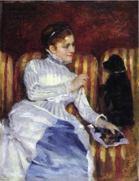 Woman on a Striped Sofa with a Dog Artwork by Mary Cassatt
