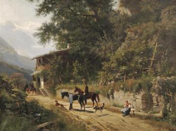 Genre Scene Along an Alpine Road Artwork by Eugen Felix Prosper Bracht