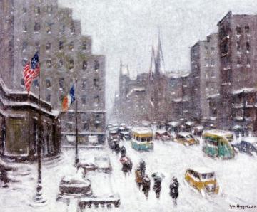 Winter on Fifth Avenue at 42nd Street Artwork by Guy Wiggins