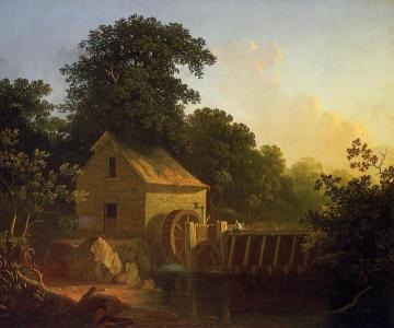 Landscape With Waterwheel And Boy Fishing Artwork by George Caleb Bingham