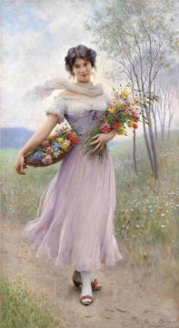 Girl In A Lilac-coloured Dress With Bouquet Of Flowers Artwork by Eugen Von Blaas