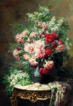Chrysanthemums And Lilacs In A Vase On A Marble Topped Table Artwork by Leo Louppe