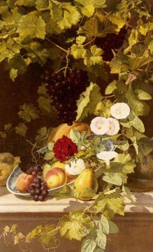 A Still Life With Fruit Flowers And A Vine Artwork by Otto Didrik Ottesen
