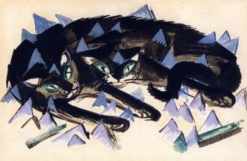 Two Reclining Black Cats Artwork by Franz Marc