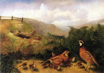Landscape with Quail - Cock, Hen and Chickens Artwork by Rubens Peale