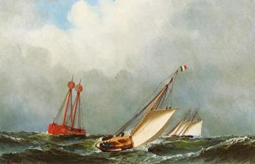 Vision and Dauntless off Sandy Hook Lightship Artwork by Antonio Jacobsen