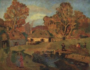 Village Landscape with Bridge Artwork by Nikolai Krymov