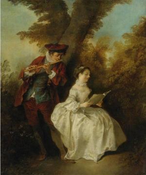 ''Le Duo'', A Young Man Playing the Flute and a Young Woman Singing in a Landscape Artwork by Nicolas Lancret