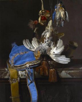 Hunt Still Life with a Velvet Bag on a Marble Ledge Artwork by Willem van Aelst