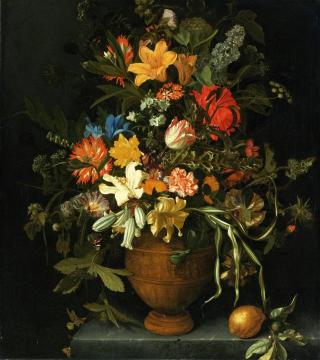 A Floral Still Life with Yellow and White Lilies, an Iris, a Sunflower, a Narcissus, etc. Artwork by Maria van Oosterwijck