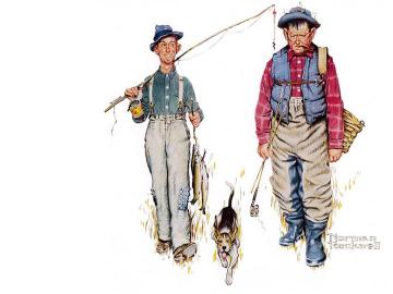 Two Old Men and Dog Artwork by Norman Rockwell