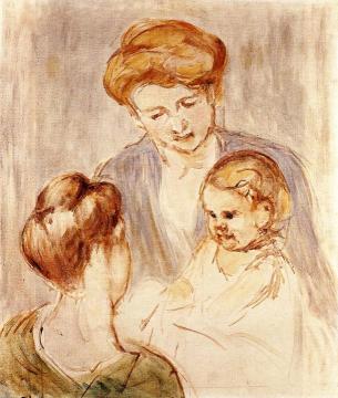 A Baby Smiling at Two Young Women Artwork by Mary Cassatt