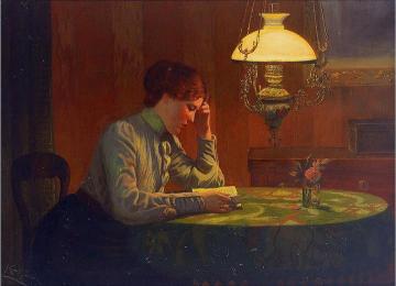 Young Woman Reading At A Table In Light Of The Kerosene Lamp Artwork by Leopold Carl Müller