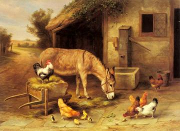 A Donkey and Chickens Outside a Stable Artwork by Edgar Hunt