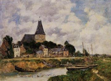 Quillebeuf, View of the Church from the Canal Artwork by Eugène-Louis Boudin