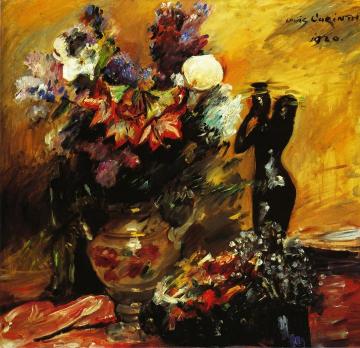 Calla Lilies and Lilacs with a Bronze Figurine Artwork by Lovis Corinth