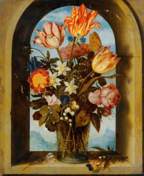 Still Life of Tulips, Moss-Roses, Lily-of-the-Valley and other Flowers in a Glass Beaker Artwork by Ambrosius Bosschaert