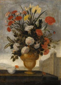 Still Life of Iris, Lilies, Roses and Carnations in Elaborate Urn Artwork by Pedro de Camprobin