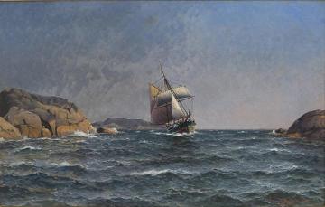 Sailing ship at the rocky coast Artwork by Lauritz Haaland