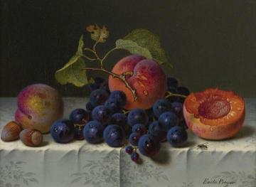 Still Life With Peaches, Grapes And Nuts On A Table Artwork by Emilie Preyer