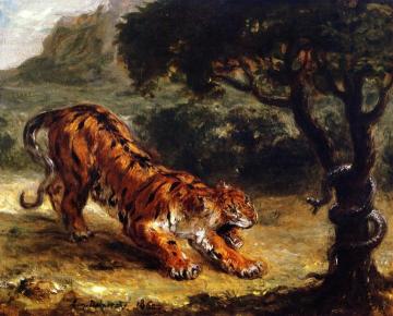 Tiger Growling At A Snake Artwork by Eugène Delacroix