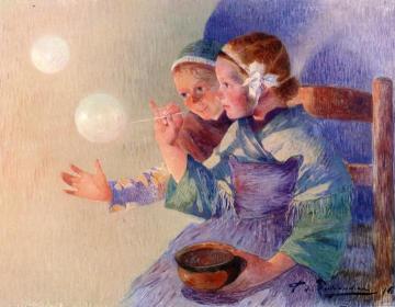 Little Girls with Soap Bubbles Artwork by Ferdinand du Puigaudeau