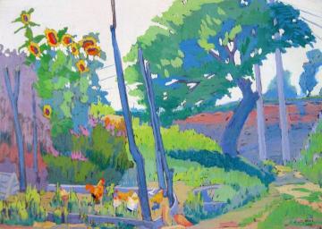 Sunflowers And Chickens Artwork by Clara Deike