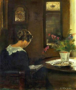 Interior with Artist's Wife Reading at a Table Artwork by Carl Vilhelm Holsoe