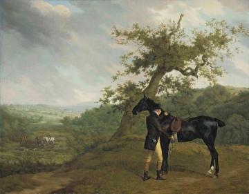 George Irving with his black hunter beneath a blasted oak Artwork by Jacques-Laurent Agasse