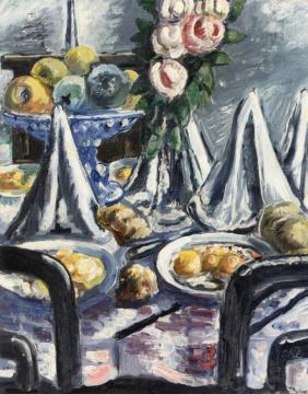 Table Set with Napkins and Roses Artwork by Paul Kleinschmidt