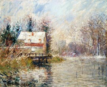 House by the Water, Snow Effect Artwork by Gustave Loiseau