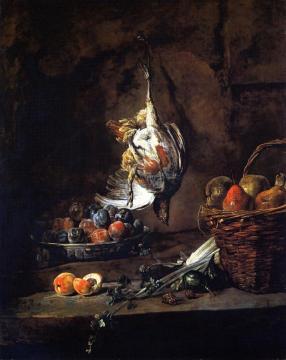 Partridge, Bowl of Plums and Basket of Pears Artwork by Jean-Baptiste-Simeon Chardin