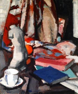 Still LIfe with Statuette and Books Artwork by Samuel John Peploe