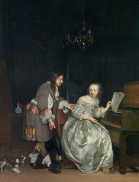 Interior with a Lady at a Spinet and a Gentleman Offering Her a Glass of Wine Artwork by Gabriel Metsu