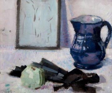 Still Life with Blue Jug, Fan and an Apple Artwork by Francis Campbell Boileau Cadell