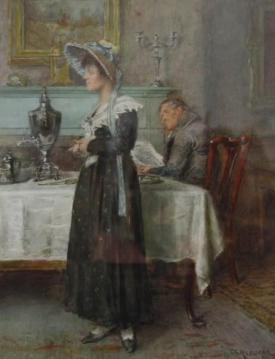 Lady standing beside a Table near a Man reading a Paper Artwork by George Goodwin Kilburne