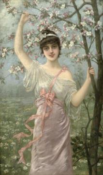 Young woman with cherry blossoms Artwork by Emile Eisman-Semenowsky