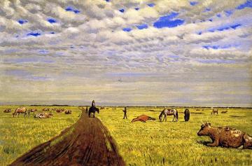 Manitoba Prairie Scene with Three Figures, Horses and Cattle Artwork by William George Richardson Hind