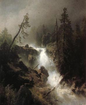 Cascade with a Fisherman Artwork by Herman Herzog
